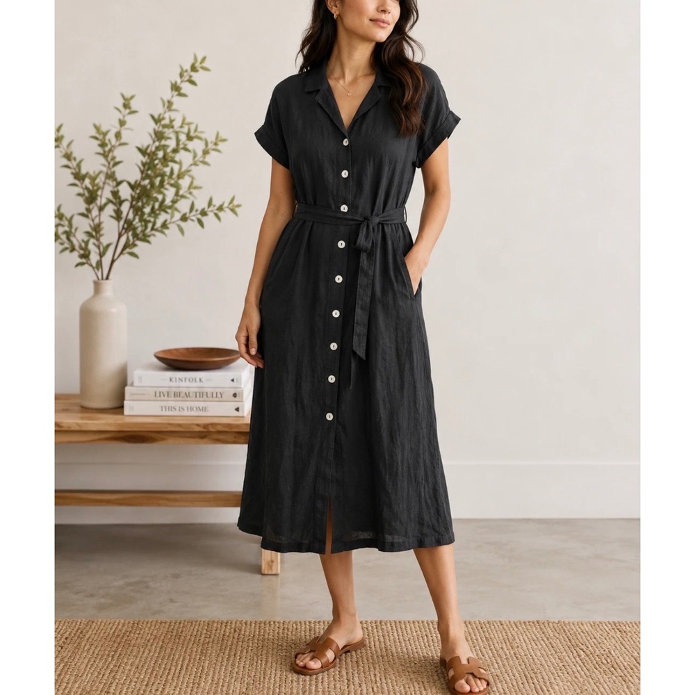 Quince Black 100% European Linen Button Front Midi Dress Short Sleeve Large NWT